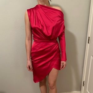 Asymmetrical pink satin cocktail dress